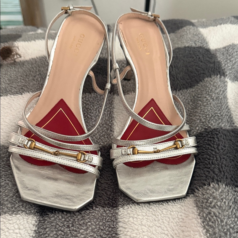 Gucci Metallic Silver Strappy Heels